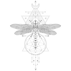 Vector illustration with hand drawn dragonfly and Sacred geometric symbol on white background. Abstract mystic sign. Black linear shape. For you design.