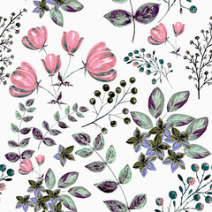 Seamless Botanical floral pattern with pink flowers on white background .
