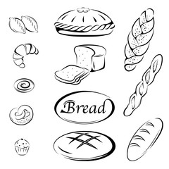 Black icons with a variety of bakery products. Loaf of bread, bagels, baguette, croissant, pies and muffin. Calligraphic lettering Bread. 