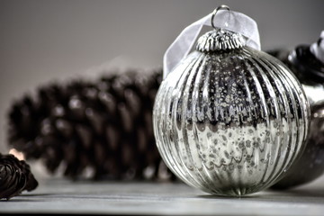 christmas decoration on wooden background and lights