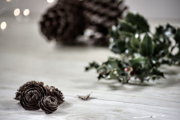 christmas decoration on wooden background with mistletoe branch and lights