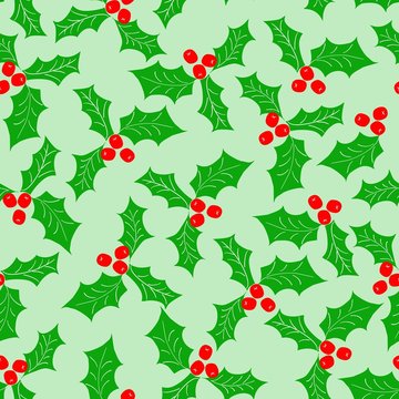 Christmas holly - hand drawn seamless repeating pattern. Green and red colour combination. 