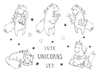 Vector set of hand drawn cute unicorns on withe background. Cartoon style. Monochrome.