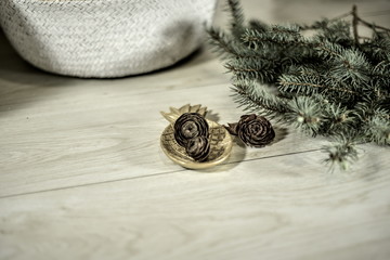 scandinavian christmas decoration on white wooden background