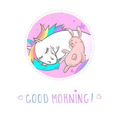 Vector sticker or icon with hand drawn sleeping unicorn, bunny toy and text - GOOD MORNING! On withe background. For your design. Cartoon style. Colored.