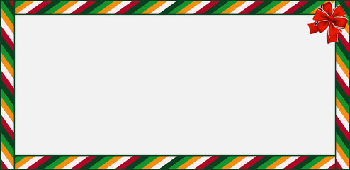 Rectangle banner with colored striped pattern and red festive bow on white background.