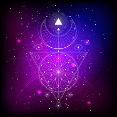 Vector illustration of Sacred or mystic symbol on abstract background. Geometric sign drawn in lines. Multicolored. For you design and magic craft.