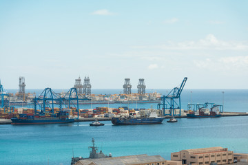 Fototapeta na wymiar aerial view onvessel being towed out of Port of Las Palmas in Gran Canaria