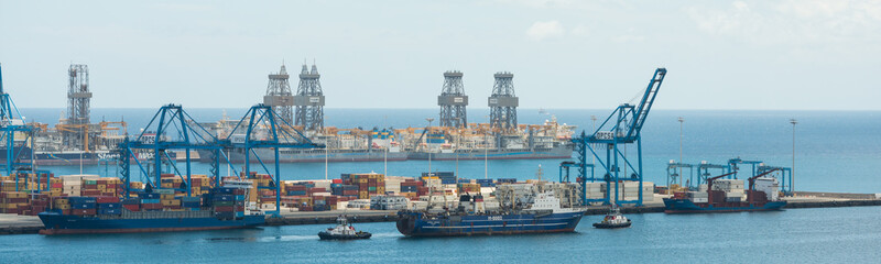 aerial view onvessel being towed out of Port of Las Palmas in Gran Canaria