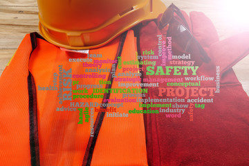 Health & Safety Word Clouds with standard construction safety equipment.