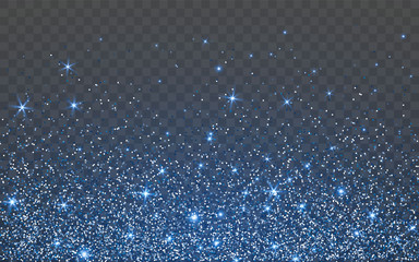 Blue glitter sparkle on a transparent background. Vibrant background with twinkle lights. Vector illustration