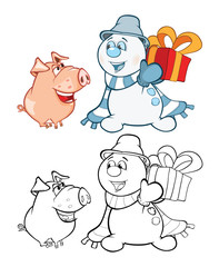 Vector Illustration of a Cute Pig and a Snowman. Coloring Book Cartoon Character Безымянный-4