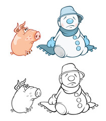 Vector Illustration of a Cute Pig and a Snowman. Coloring Book Cartoon Character Безымянный-4