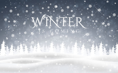 Winter is coming. Christmas, snowy night woodland landscape with falling snow, firs, snowflakes for winter and new year holidays. Xmas winter background