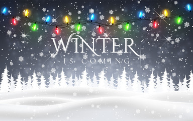 Fototapeta na wymiar Winter is coming. Christmas, snowy night woodland landscape with falling snow, firs, light garland, snowflakes for winter and new year holidays. Xmas winter background