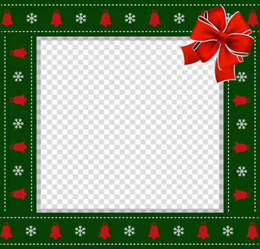 Christmas or new year green border with snowflakes and bells pattern, red bow