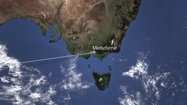 Airplane heading to Melbourne, Australia from west on the map. Intro 3D animation