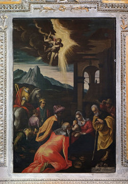 Adoration of the Magi, painting in the church of St. Victor on the Fishermen Island, one of the famous Borromeo Islands of Lake Maggiore, Italy