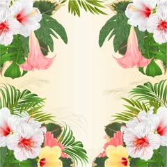 Foto auf Acrylglas Frame tropical flowers  floral arrangement, with   pink  yellow and white hibiscus and Brugmansia  palm,philodendron  vintage vector illustration  editable hand draw © zdenat5
