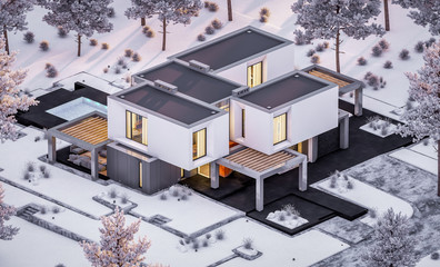 3d rendering of modern cozy house with garage and garden. Cool winter evening with cozy warm light from windows. For sale or rent with beautiful white spruce on background
