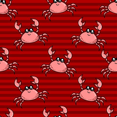 Cute kids crab pattern for girls and boys. Colorful crab on the abstract bright pattern create a fun cartoon drawing. The background is made in colors. Urban crab pattern for textile