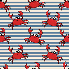 Cute kids crab pattern for girls and boys. Colorful crab on the abstract bright pattern create a fun cartoon drawing. The background is made in colors. Urban crab pattern for textile