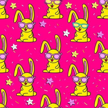 Cute kids rabbit pattern for girls and boys. Colorful rabbit, stars with glasses on the abstract bright background. The rabbit pattern is made in colors. Urban stars pattern for textile and fabric