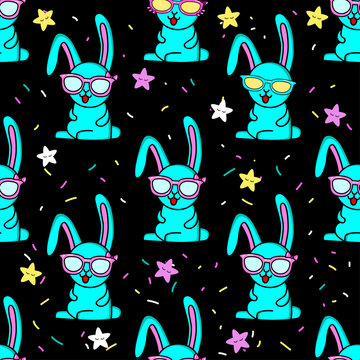 Cute kids rabbit pattern for girls and boys. Colorful rabbit, stars with glasses on the abstract bright background. The rabbit pattern is made in colors. Urban stars pattern for textile and fabric