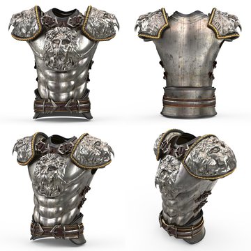 Medieval armor on the body in the style of a lion with large shoulder pads on an isolated white background. 3d illustration