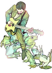Fototapeta na wymiar Musician playing guitar with frogs isolated over white background