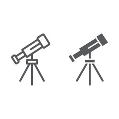 Telescope line and glyph icon, space and astronomy, magnify sign, vector graphics, a linear pattern on a white background.