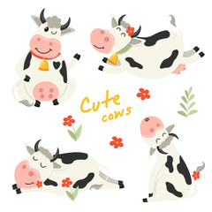 Set of cute Cows character in various positions