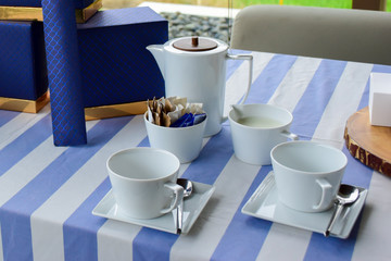 coffee cups on the table, morning time.