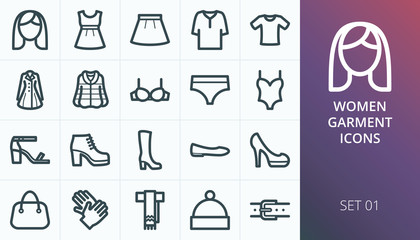 Women garment icon set. Set of women clothes, shoes and accessory isolated vector icons