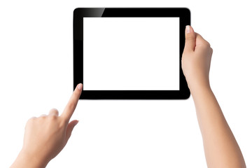 Hand holding blank screen tablet pc on white background