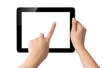 Hand holding blank screen tablet pc on white background