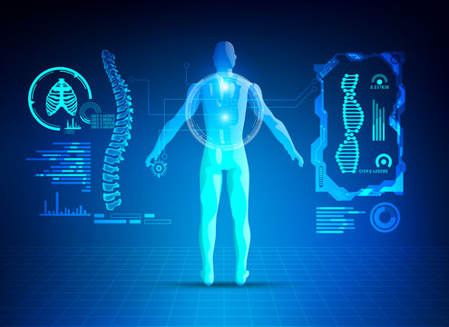concept of healthcare technology; scientific interface of identity check; digital blueprint of 3D body part of human