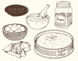 Sweet bakery - ingredients for sponge cake. Hand drawn. Vintage style.