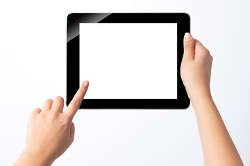 Hand holding blank screen tablet pc on white background