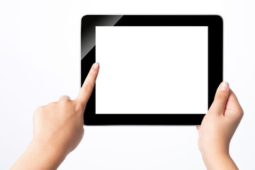 Hand holding blank screen tablet pc on white background