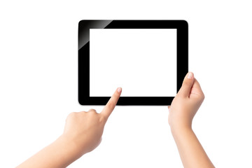 Hand holding blank screen tablet pc on white background