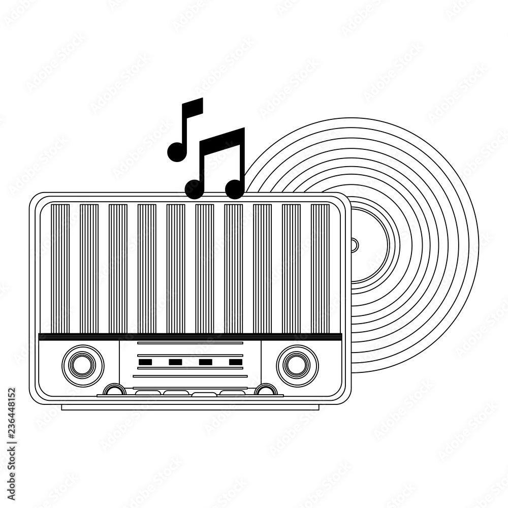 Sticker Old radio and vinyl music black and white