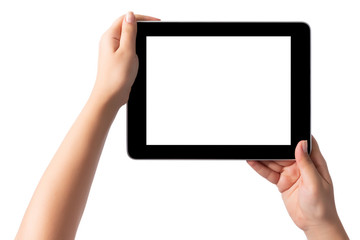 Hand holding blank screen tablet pc on white background