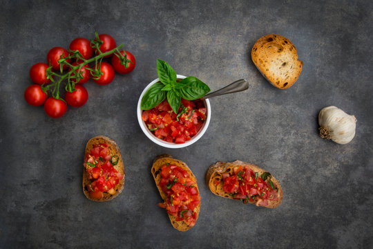 Bruschetta with tomato, basil, garlic and white bread
