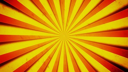 Fototapeta premium Bright yellow and red stripes, with shadows, converging and forming a circle. Aged old retro vintage texture. 