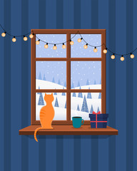 Christmas window overlooking the winter landscape. On the window there is a cat, a mug with a hot drink, a gift and a garland. Vector illustration.