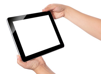 Hand holding blank screen tablet pc on white background