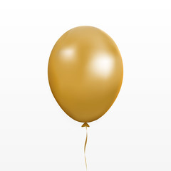 Gold balloon vector. Party baloon with ribbon and shadov isolated on white background. Flying 3d bal
