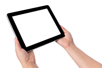 Hand holding blank screen tablet pc on white background