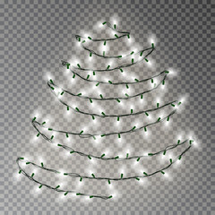 Christmas tree of white lights string. Transparent effect decoration isolated on dark background. Re - 236449983